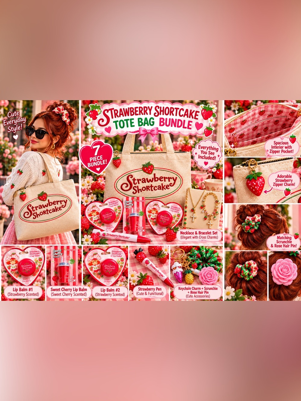 Gold Tote Bag Bundle - Strawberry  Lipgloss +10 and all accessories